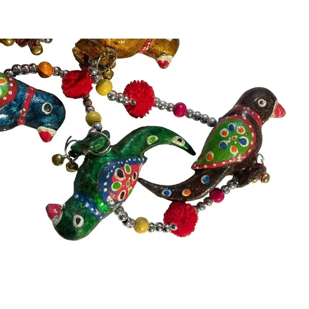VTG Enameled Birds With Bells Beaded Christmas Garland 2 Strands MCM Colorful‎